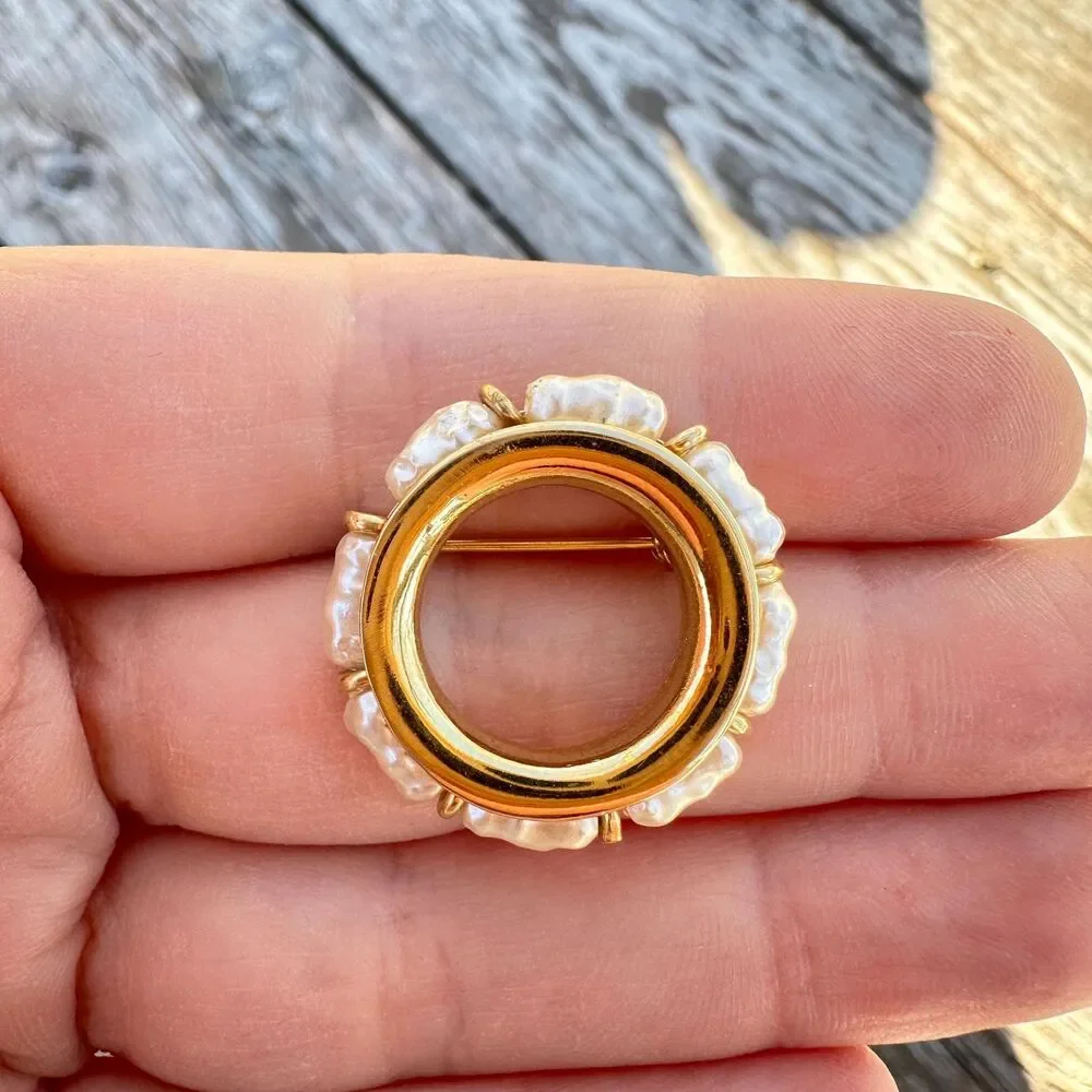 Vintage Napier Faux Pearl Brooch, Gold Tone Circle Pin